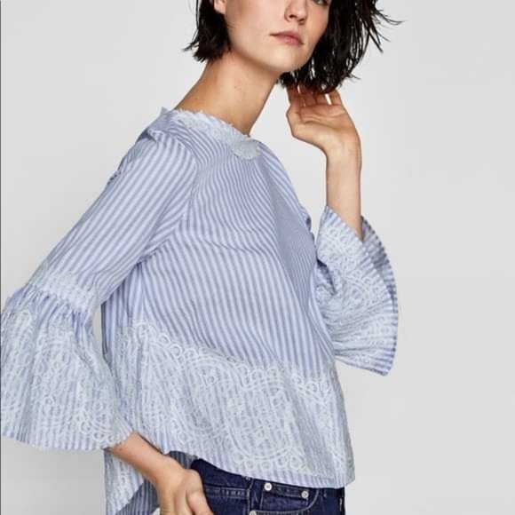 Zara blue white lace stripe bow back top M - Picture 2 of 5
